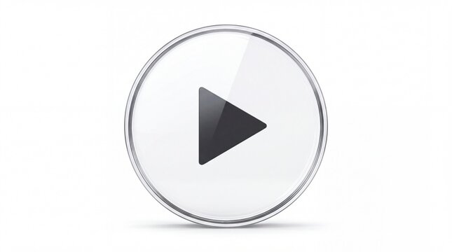 Glossy circular play button rendered with realistic lighting and transparent glass effect on white background