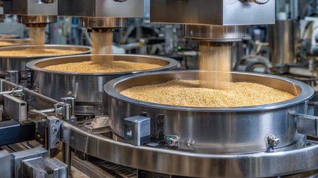 Industrial machines sorting grains on a conveyor system in a modern food processing plant.