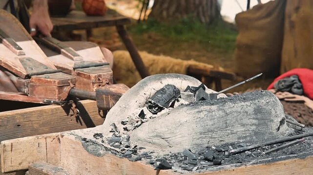 A medieval blacksmith works at a wooden bench, shaping heated metal into tools. The setting includes rustic wooden equipment and heating materials, creating an authentic craft atmosphere
