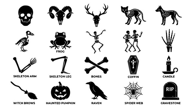 20 Spooky Skeleton and Skull Silhouette Vector Collection with Halloween Animals Bones and Gothic Icons