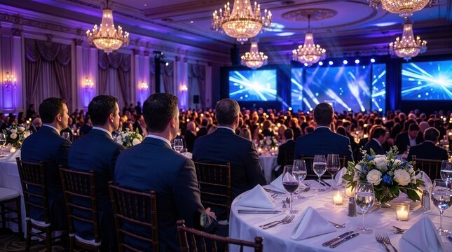 Elegant lighting sets a sophisticated mood for people attending a formal dinner event in a banquet hall.