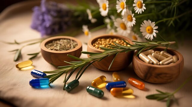 Wooden bowls filled with natural herbal supplements and colorful medical capsules on a rustic table with chamomile flowers for holistic health care