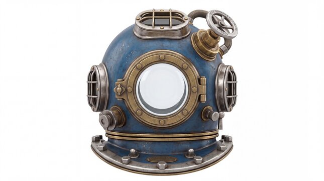 Vintage blue metallic deep sea diving helmet made of brass and steel isolated on white background