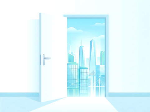 Open door showing a modern city skyline with tall glass skyscrapers