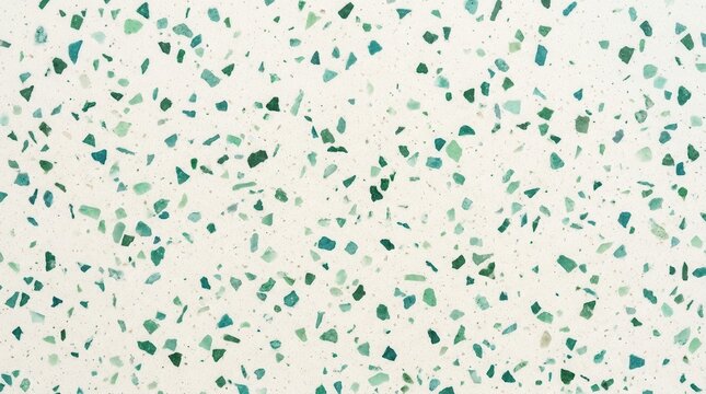 White terrazzo pattern with small teal and green chips, an abstract speckled surface for modern interior decor.