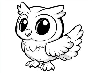 Obraz premium Black outline illustration of a cute cartoon baby owl presented on a clean solid white background.