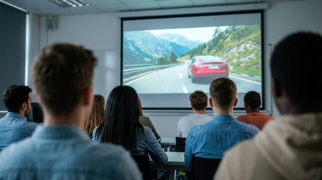 A driver education class where a diverse group of students watches a video about road safety and driving skills.