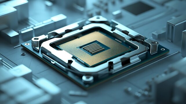 Computer processor chip on a green electronic circuit board