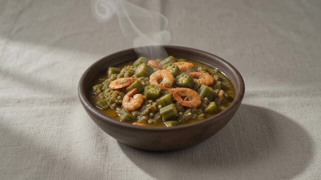 Traditional Brazilian Caruru with okra and shrimp in a rustic clay bowl on neutral linen background with natural light and empty copy space.