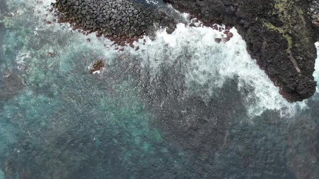 Aerial panoramic view of Po&ccedil;os de S&atilde;o Vicente Ferreira, a volcanic natural swimming area on the north coast of S&atilde;o Miguel Island, Azores, Portugal