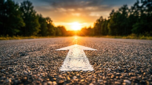 With trees lining the path, a white arrow on the asphalt road points forward toward a bright sunset sun.