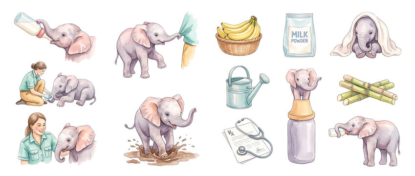 Baby Elephant Care Watercolor Clipart Set with cute calf illustrations, zoo keeper feeding bottle milk, sanctuary rescue elements, bananas, stethoscope, and medical care clipart on black.