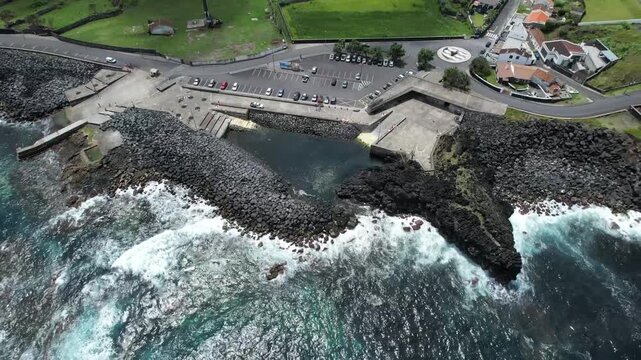 Aerial panoramic view of Po&ccedil;os de S&atilde;o Vicente Ferreira, a volcanic natural swimming area on the north coast of S&atilde;o Miguel Island, Azores, Portugal