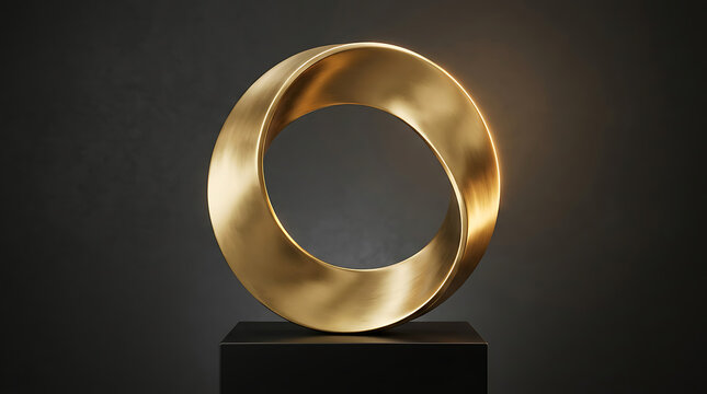 Golden mobius strip sculpture on black square pedestal against dark background.