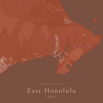 Terracotta Map of East Honolulu, United States | Warm Earth Tone Wall Art