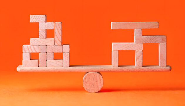 Wooden blocks balancing on a seesaw beam over bright background. Financial stability and risk management needs. Wooden structures balancing on a wooden scale beam