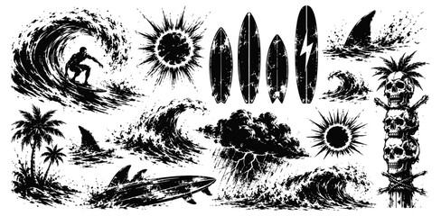 Obraz premium black and white vintage surfing graphics set surfboards, waves, sharks, palm trees, skull totem, sun and storm illustrations