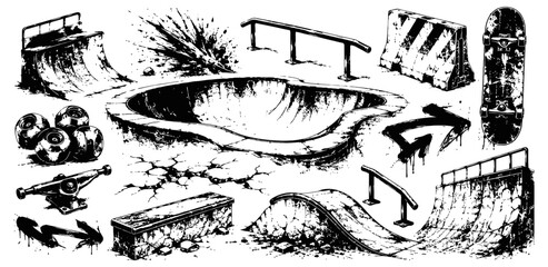 Obraz premium Black and white skatepark elements collection with ramps, rails, skateboard parts, and graffiti drawing