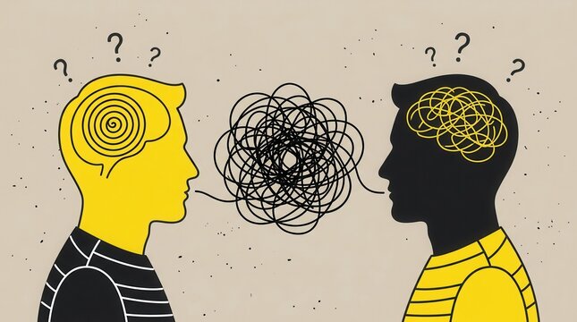 Confusion and miscommunication shown as chaotic tangled lines between two profile faces with spirals.