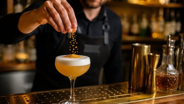 Cocktail with pumpkin puree close up view with warm golden light and classic styling fine detail