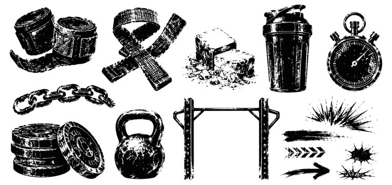 Vintage fitness and workout icons dumbbells, kettlebell, gymnastic rings, stopwatch, barbell plates, timer, chain, shaker bottle, arrows, and explosion effects