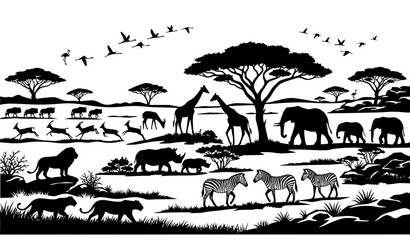African Safari Animal Silhouettes with Acacia Trees Black Vector Landscape © Abdul