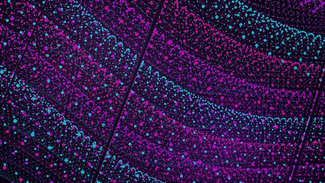 Abstract digital grid formation with neon pink and cyan dots creating a glowing virtual landscape