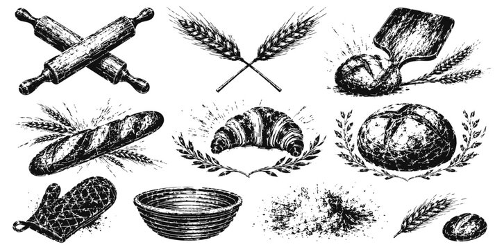 Vintage bakery elements collection with bread, croissant, rolling pins, wheat, oven mitt, and flour bowl illustrations