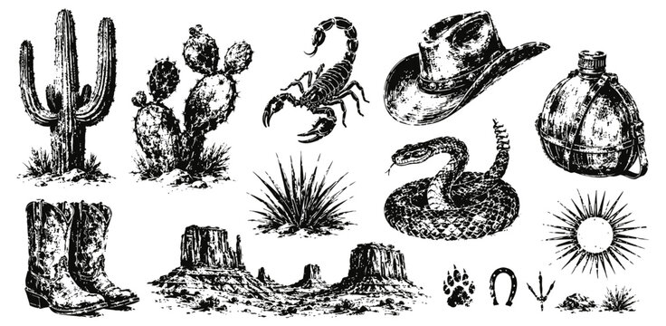 Western desert elements set with cactus, rattlesnake, scorpion, cowboy hat, boots, and sun illustration
