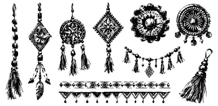 Black ornamental tribal jewelry elements with tassels and ethnic patterns design