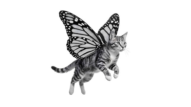 Surreal flying cat with butterfly wings on a white background