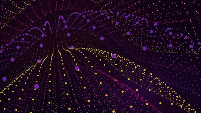 Dark abstract composition with purple and yellow particles floating in a complex and rhythmic cosmic arrangement