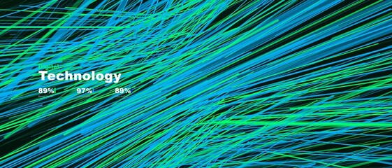 Dynamic digital technology art showcasing glowing blue and green light trajectories on a dark complex surface © MDMAHBUBUR