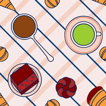 pattern, vector, graphic, tablecloth, cup, saucer, spoon, teapot, kitchen, drinks, cafe, restaurant, candy, presentation, confectionery, tea structure, view, seamless pattern, print, wallpaper, textur