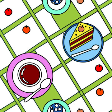 pattern, vector, graphic, tablecloth, cup, saucer, spoon, teapot, kitchen, drinks, cafe, restaurant, candy, presentation, confectionery, tea structure, view, seamless pattern, print, wallpaper, textur