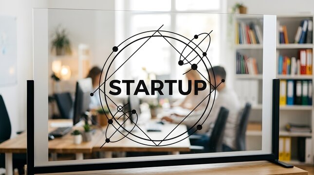 Startup logo on glass partition in busy open plan office space.