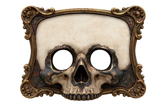 Ornate gothic frame with a skull shaped lower border, empty eye sockets and a blank parchment panel, isolated on a white background for Halloween or macabre design.