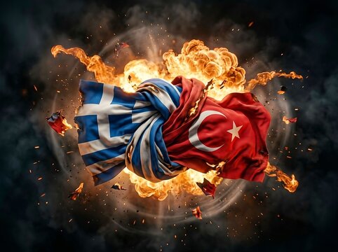 geopolitical conflict of Greece and Turkey. Diplomatic tensions, maritime disputes, regional security concerns, and complex international relations in the Eastern Mediterranean