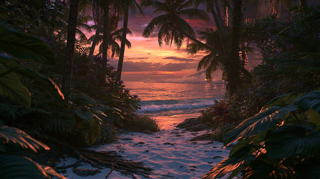 Palm Forest Opening Toward Glowing Sunset Ocean