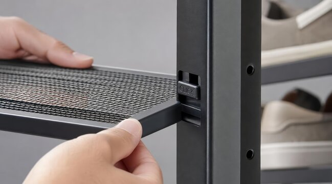 Hands assembling flat-pack shoe storage unit