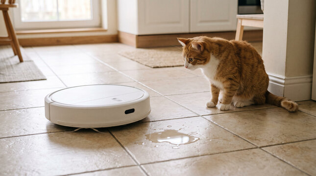 Cat watching a robot vacuum near a spill.