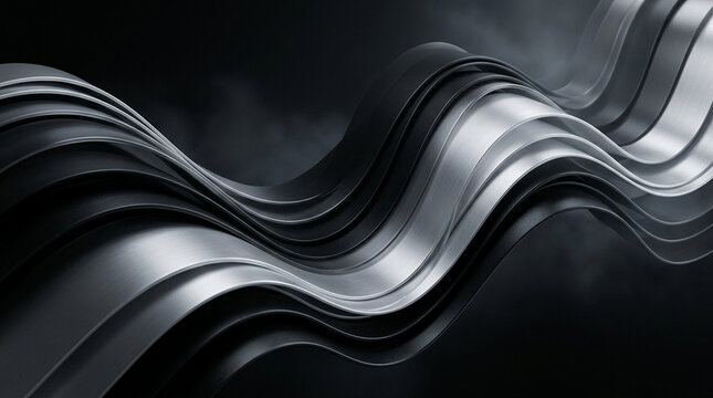 Abstract metallic waves background with smooth flowing silver and dark ribbons for futuristic design