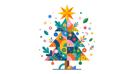 Fototapeta premium Christmas tree adorned with abstract foliage and multi-colored ornaments radiates a festive and cheerful energy.