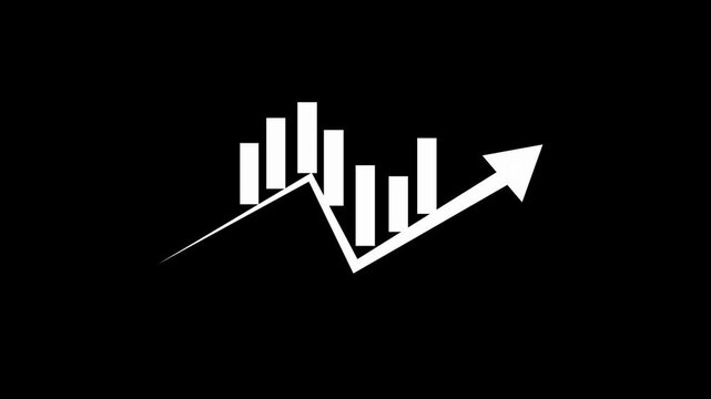 Stock market growth animation featuring a rising arrow and dynamic candlestick chart on a black background. Concept of financial success, trading profit, forex market analysis,