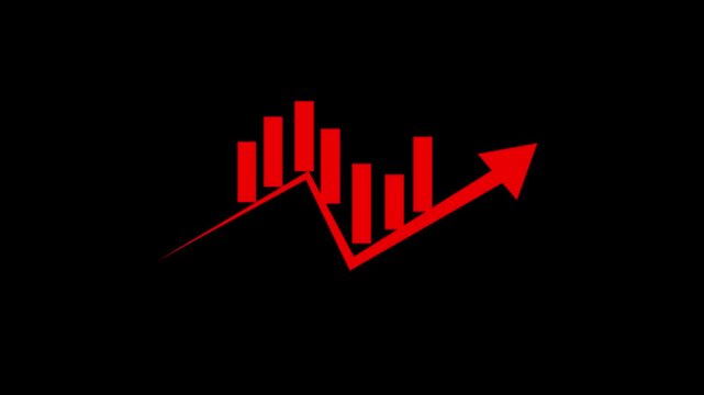Stock market growth animation featuring a rising arrow and dynamic candlestick chart on a black background. Concept of financial success, trading profit, forex market analysis,