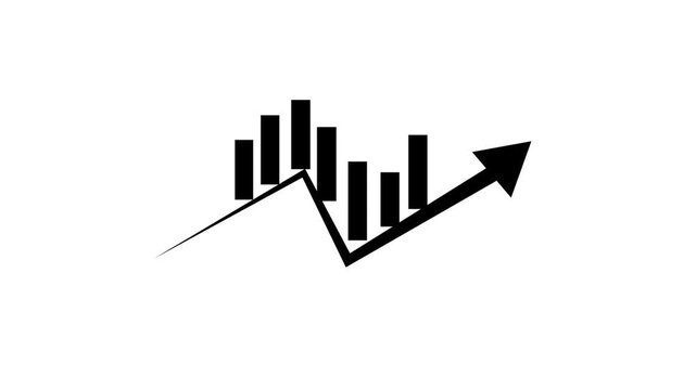 Stock market growth animation featuring a rising arrow and dynamic candlestick chart on a white background. Concept of financial success, trading profit, forex market analysis,