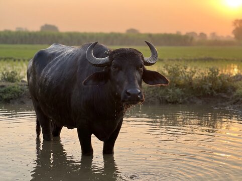 Indian Water Buffalo Standing in Rural Pond at Sunset