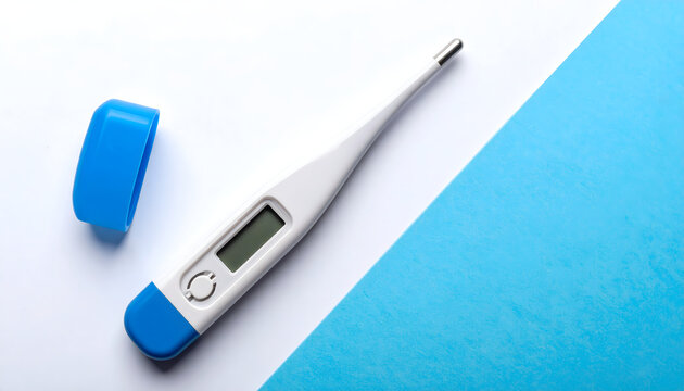 Thermometer lying on white background evoking simple and hygienic clinical medical device tech mood generative AI