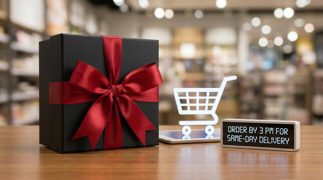 Black gift box with red ribbon bow on wooden table with digital shopping cart and same day delivery message in blurred store background
