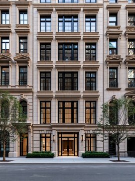 Tall stone residential building facade with glass entrance
